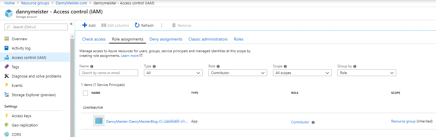 screenshot of storage account access controls